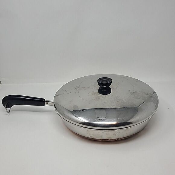 Revere Ware Vintage 12 Inch Skillet Fry Pan & Lid Copper Bottom Clinton ILL USA - Picture 1 of 5